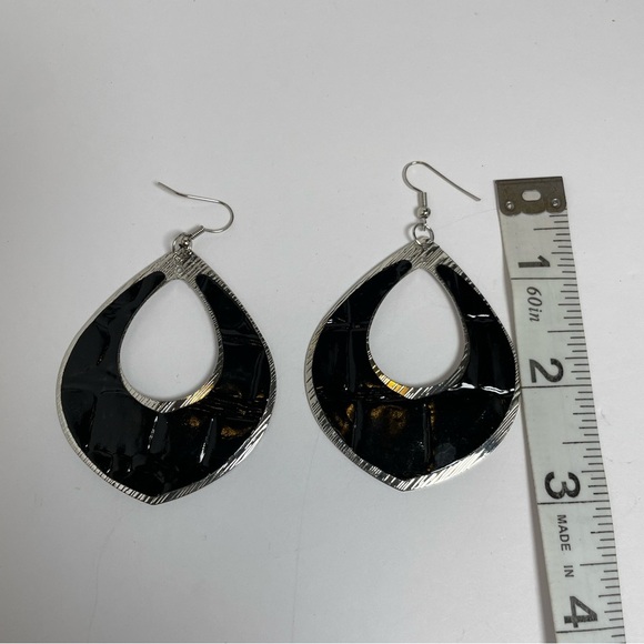 Silver Tone Black Leather Embossed Teardrop Earrings - Picture 4 of 5